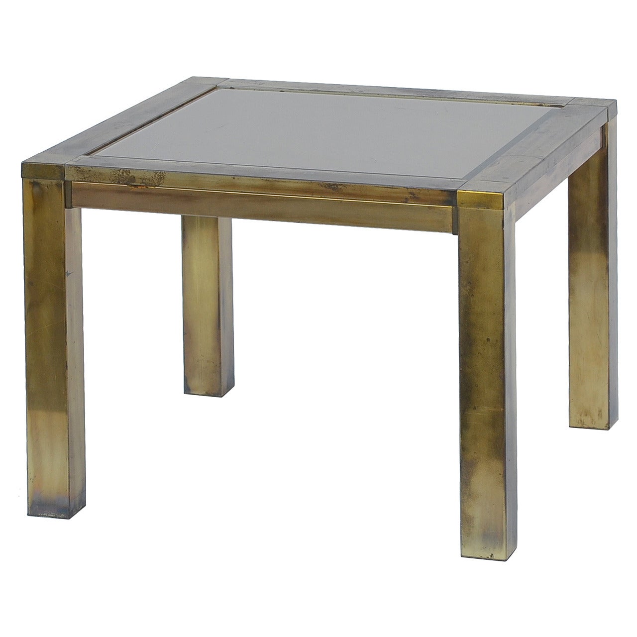 French 60's Patinated Brass and Bronze Mirrored Side Table
