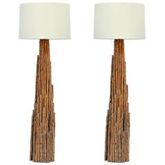 Pair of Impressive Tall Twig Table or Floor Lamps with Custom Drum Shades