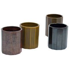 Set of 4 Decorative Japanese Glazed Clay Faceted Vases / Pots