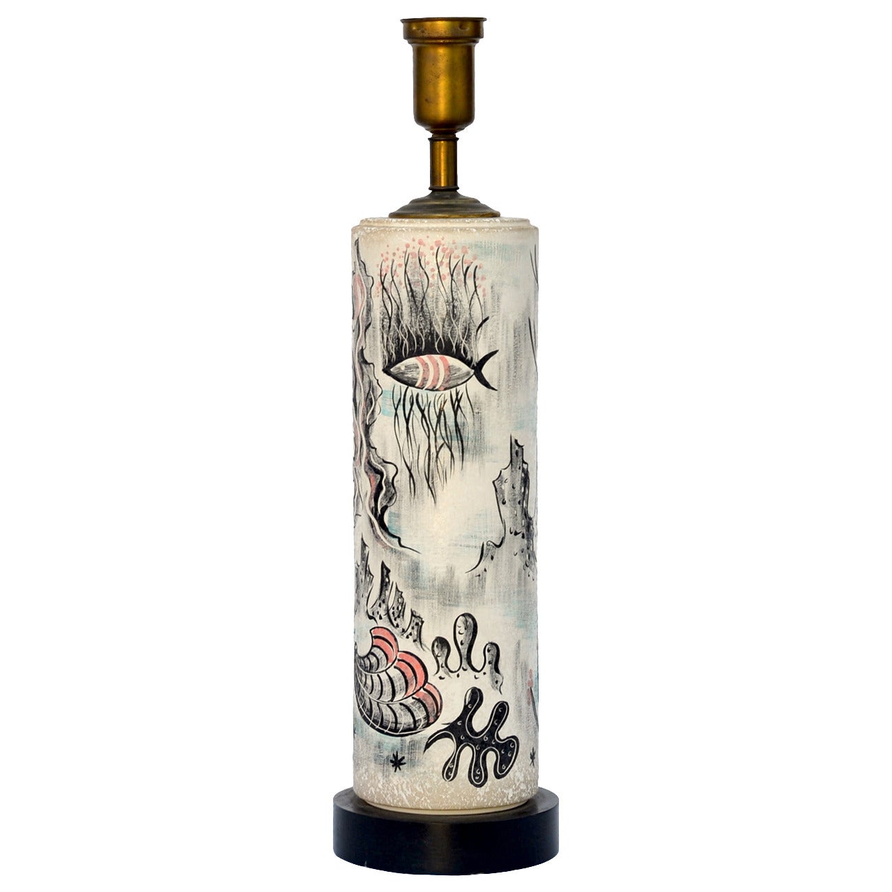 Rara lámpara de mesa cilíndrica pintada a mano por TYE of California