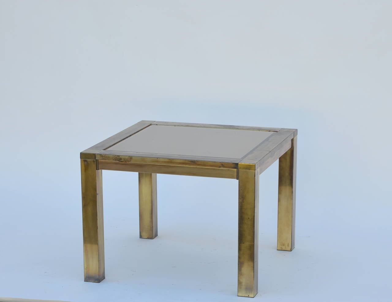 French 60's Patinated Brass and Bronze Mirrored Side Table.
