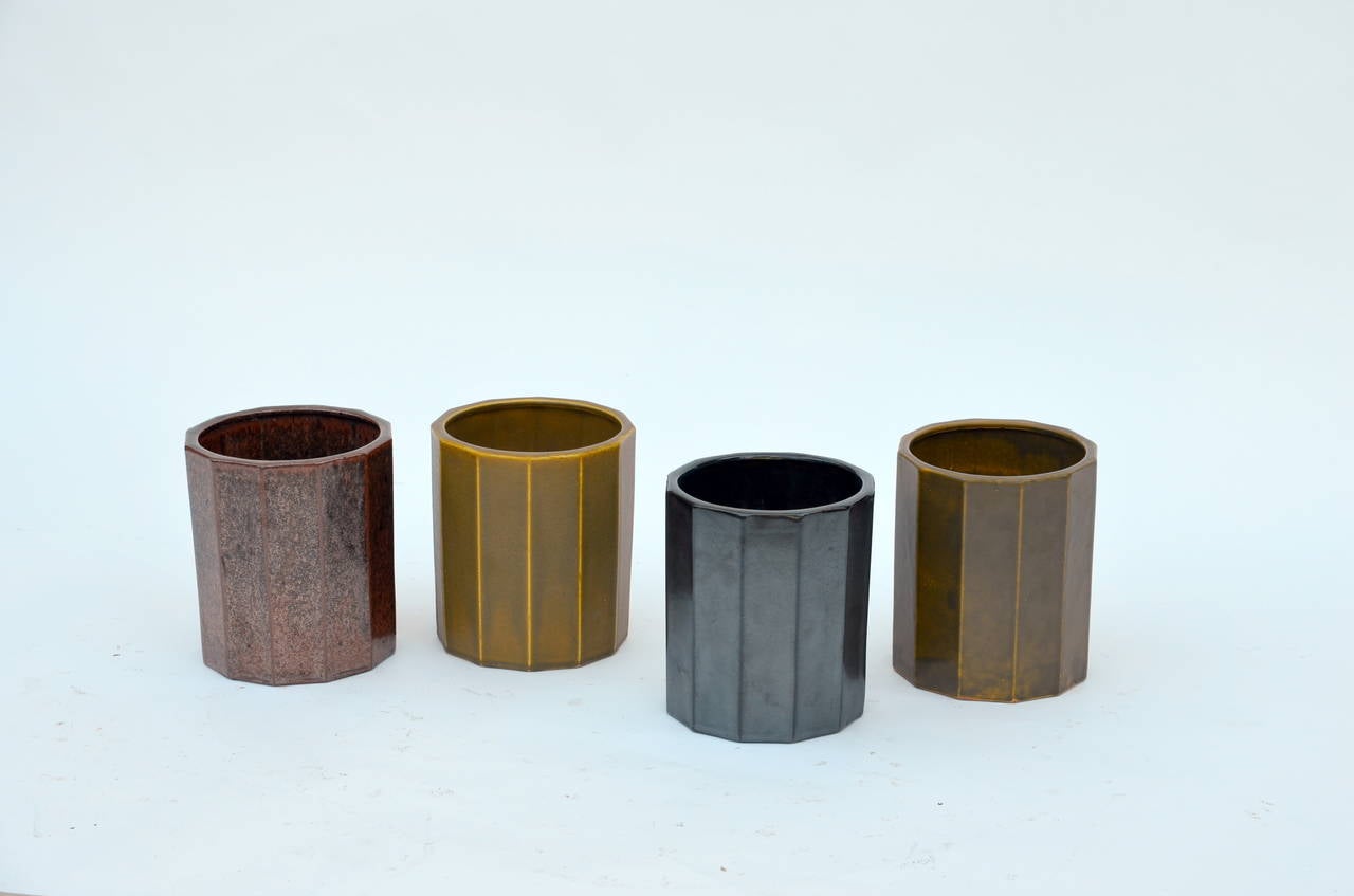 Set of 4 Decorative Japanese Glazed Clay Faceted Vases / Pots In Excellent Condition In Los Angeles, CA