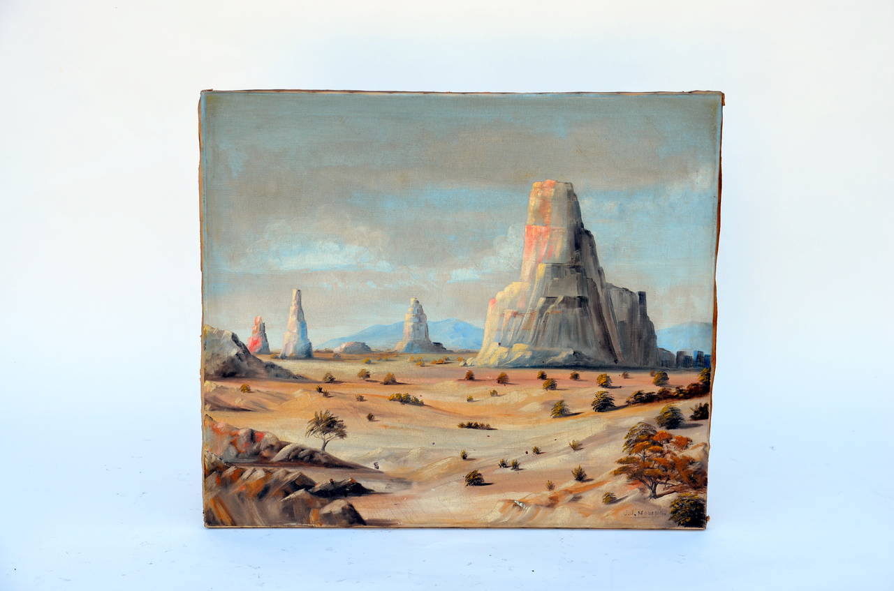 Monument Valley Oil on Canvas, Circa 1930. Signed J. J. Moreno.