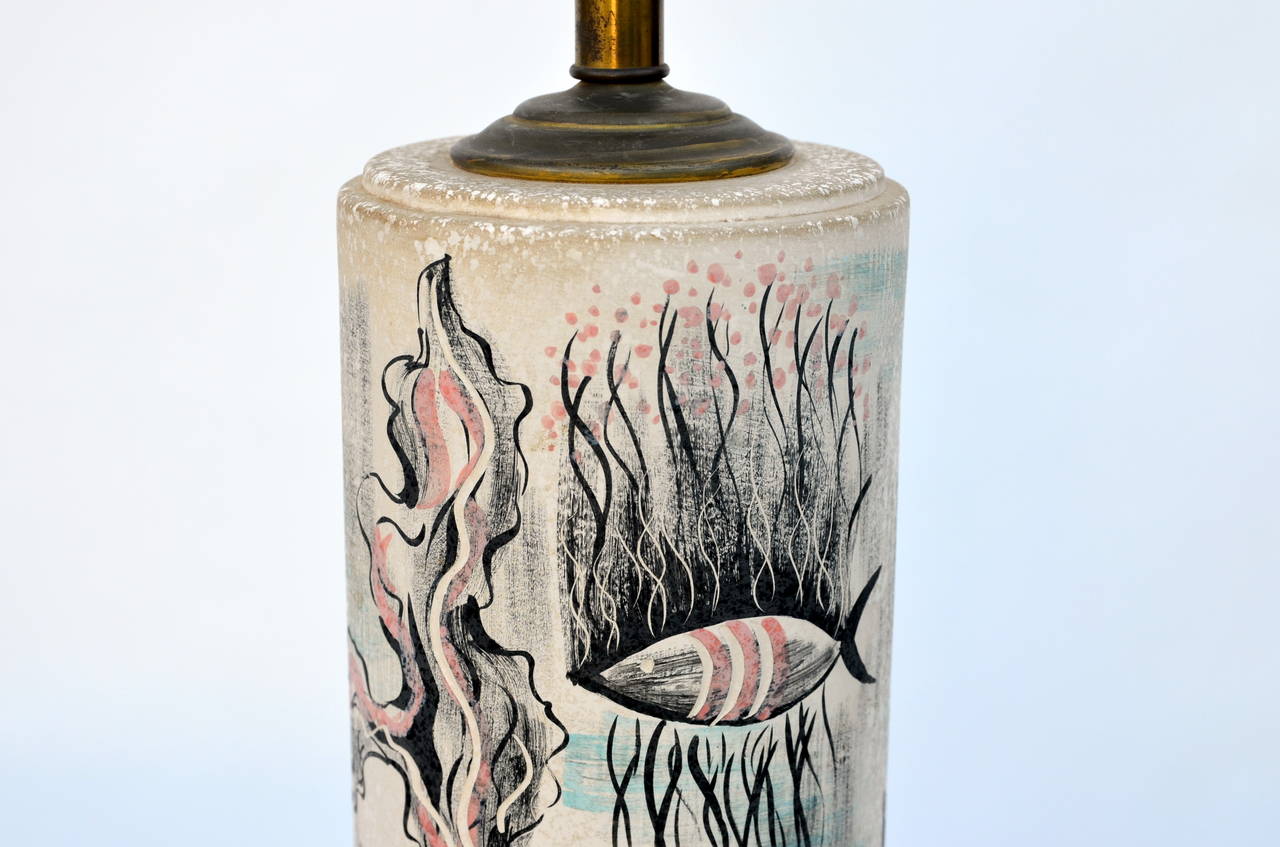 Ceramica Rara lampada da tavolo a cilindro dipinta a mano di TYE of California in vendita