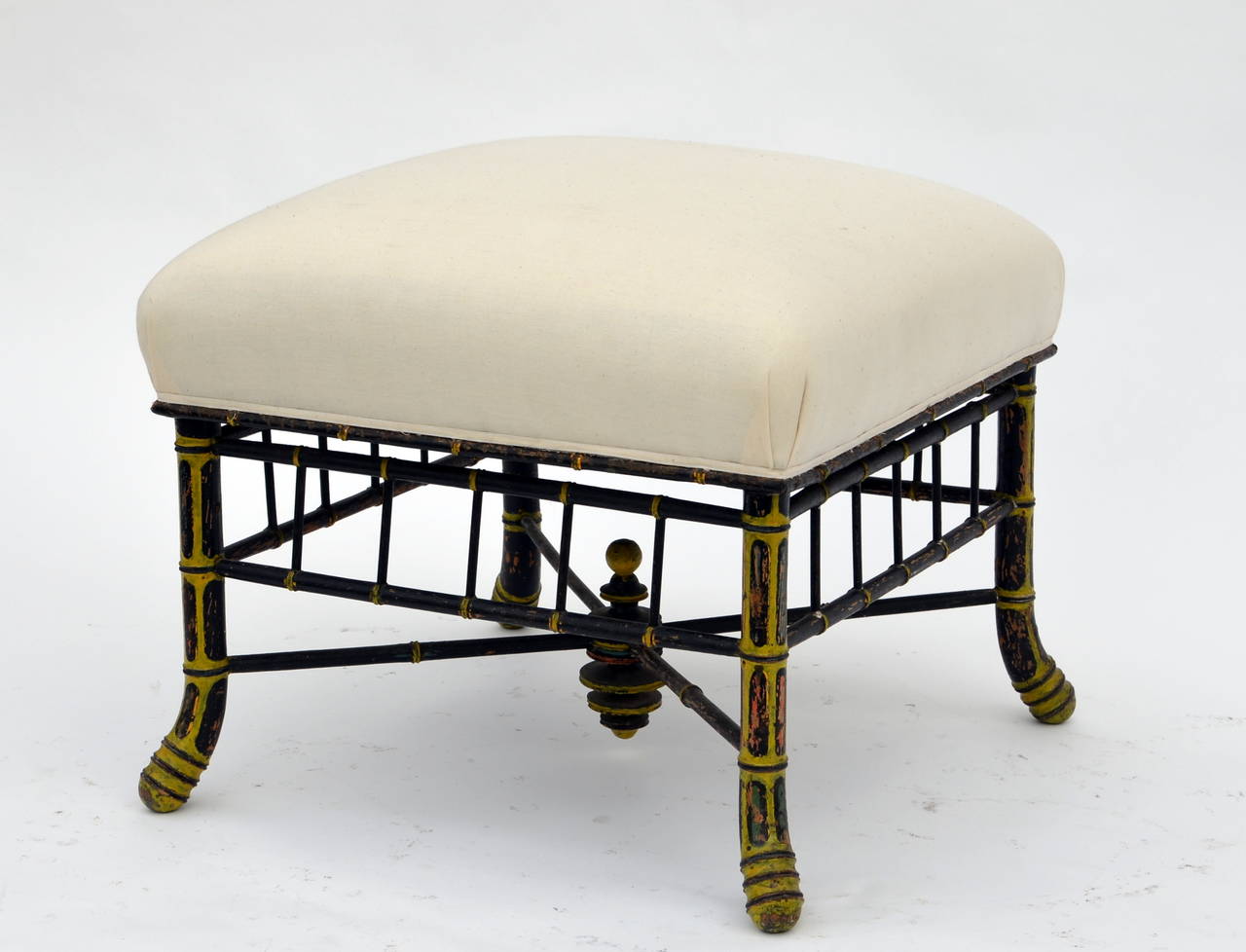 Chic Napoleon III Square Ottoman / Large Stool. Restored and reupholstered in muslin.