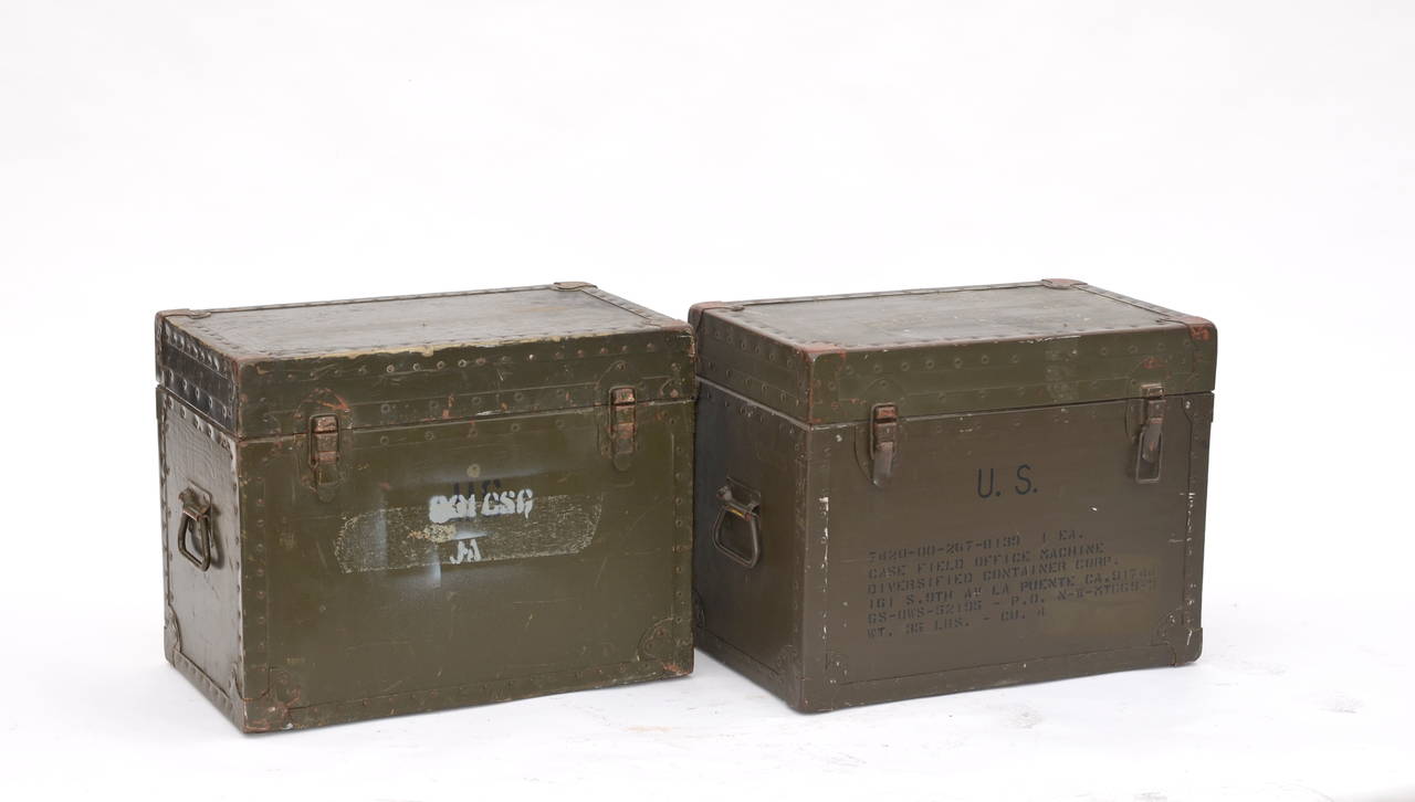 Industrial Pair of Solid Military Trunk Side Tables / Coffee Table