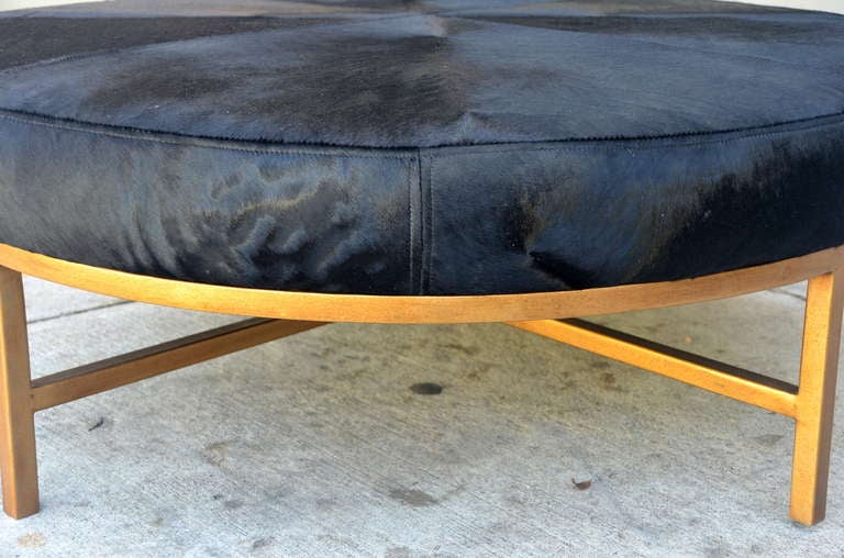 Chic Oversized Gilt Metal and Black Calfskin Ottoman In Good Condition In Los Angeles, CA