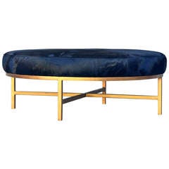 Chic Oversized Gilt Metal and Black Calfskin Ottoman