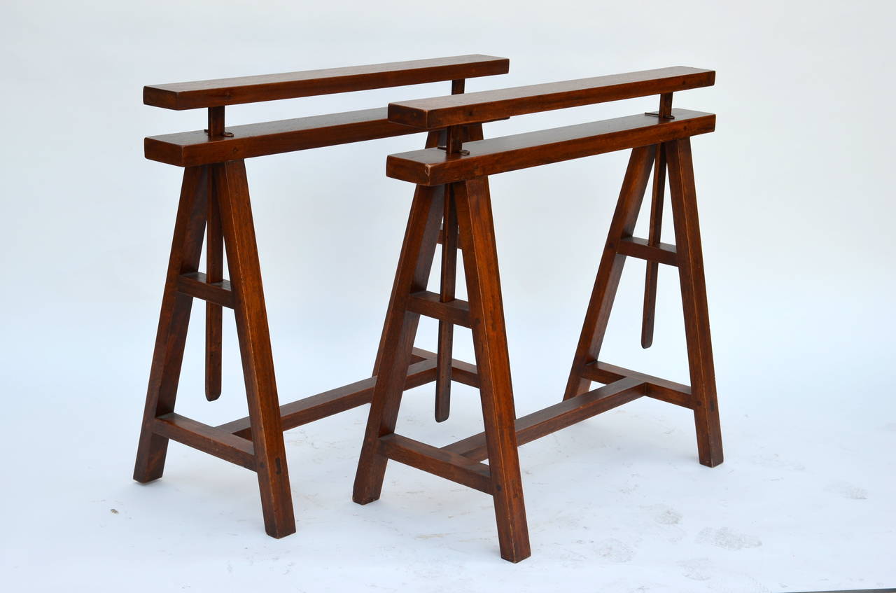 Pair of Sturdy Architectural Craftsman Trestle Table Bases. Adjustable from 29 in. to 39 in. Great for a desk or a library table or a kitchen center island.