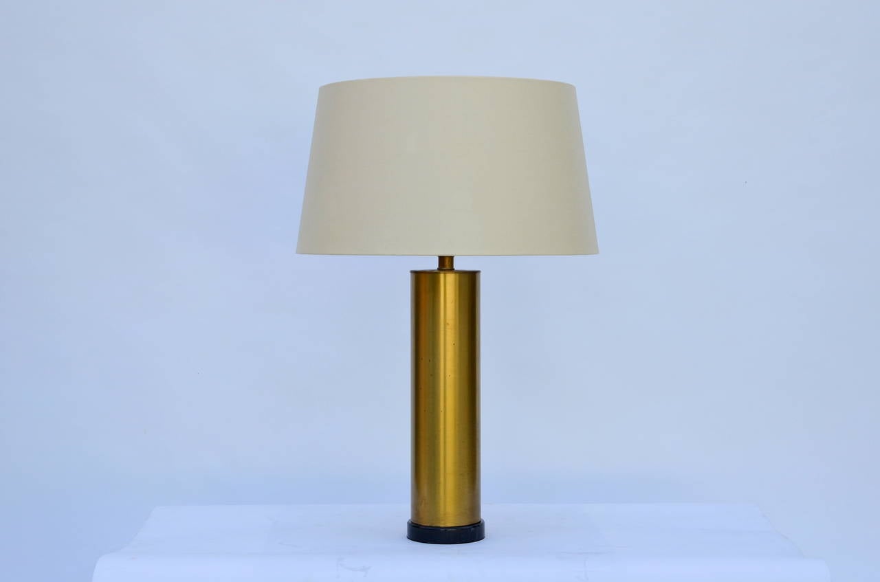 Pair of Chic Brass Column Lamps with Custom Silk Shades