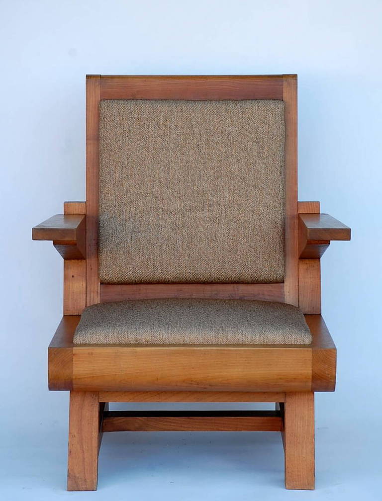 Pair of stunning architectural French 40's armchairs / lounge chairs. Unique construction and cantilevered arm design. Reupholstered. Price is for a pair, but (4 are available).