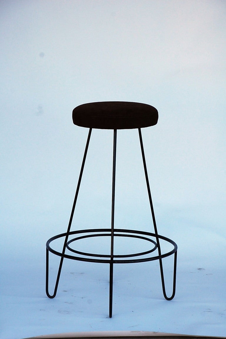 Pair of minimalistic bar stools with brown suede seats In Good Condition In Los Angeles, CA