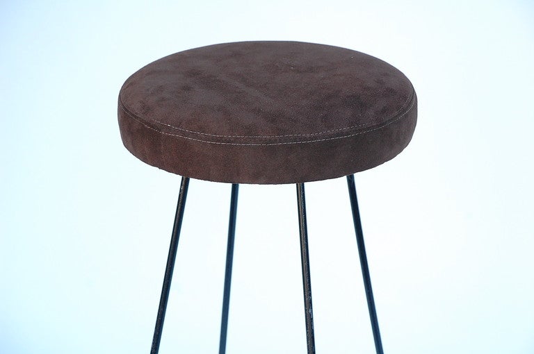 Mid-20th Century Pair of minimalistic bar stools with brown suede seats