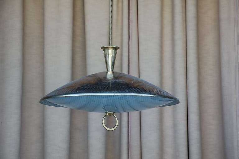 American Chic brass and textured glass pendant light For Sale