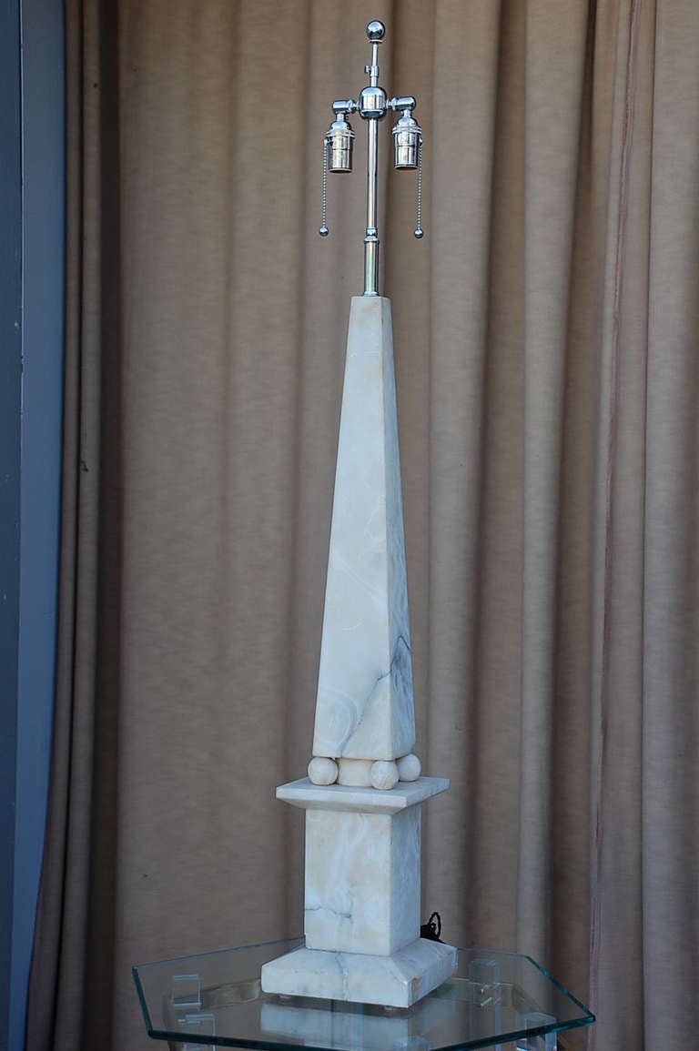 Spectacular alabaster obelisk lamp. Very tall. Heavy.