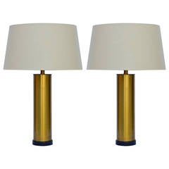 Pair of Chic Brass Column Lamps with Custom Silk Shades Pair of Chic Brass Column Lamps with Custom Silk Shades