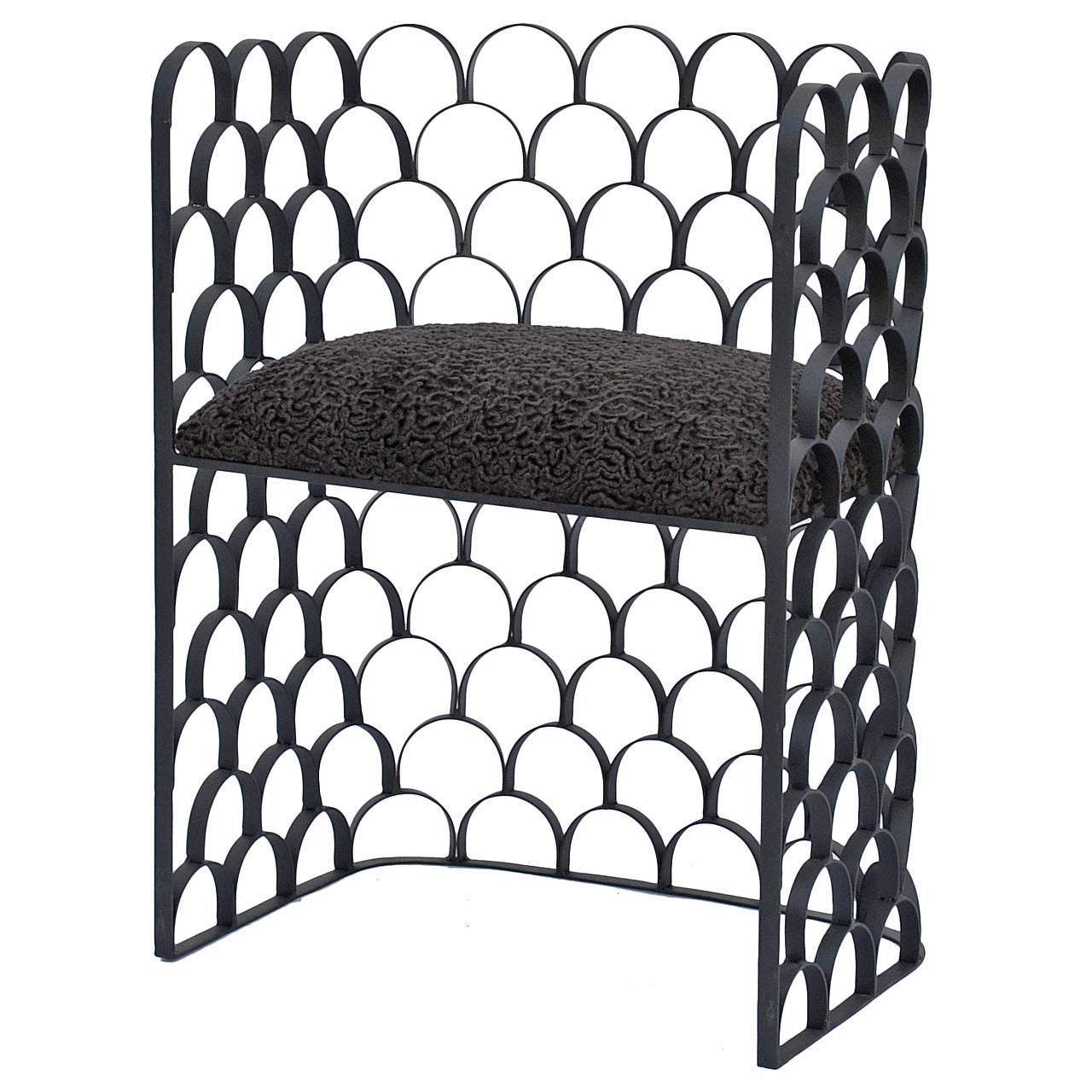 Sculptural Wrought Iron and Astrakhan Wool 'Arcature' Stool by Design Frères For Sale