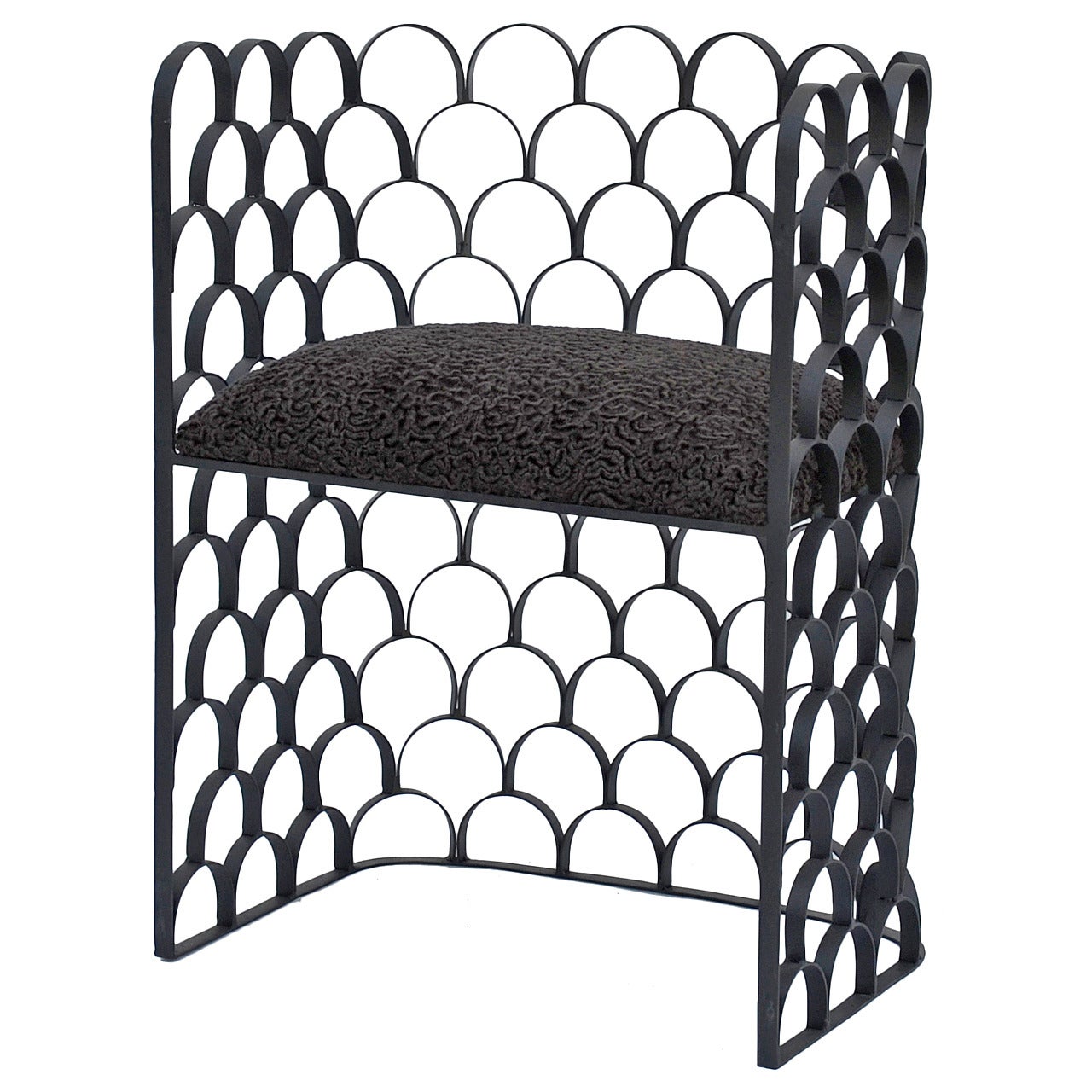 Sculptural Wrought Iron and Astrakhan Wool 'Arcature' Stool by Design Frères