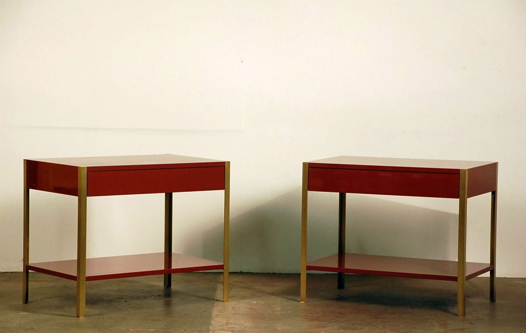 French Pair of oxblood lacquer night stands
