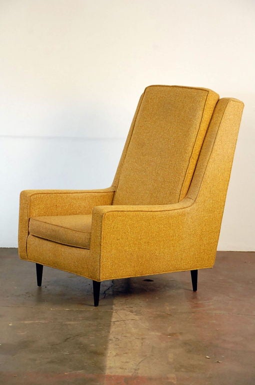 Pair of elegant tall back lounge armchairs + matching ottomans