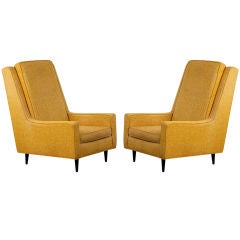 Pair of elegant tall back lounge armchairs + matching ottomans