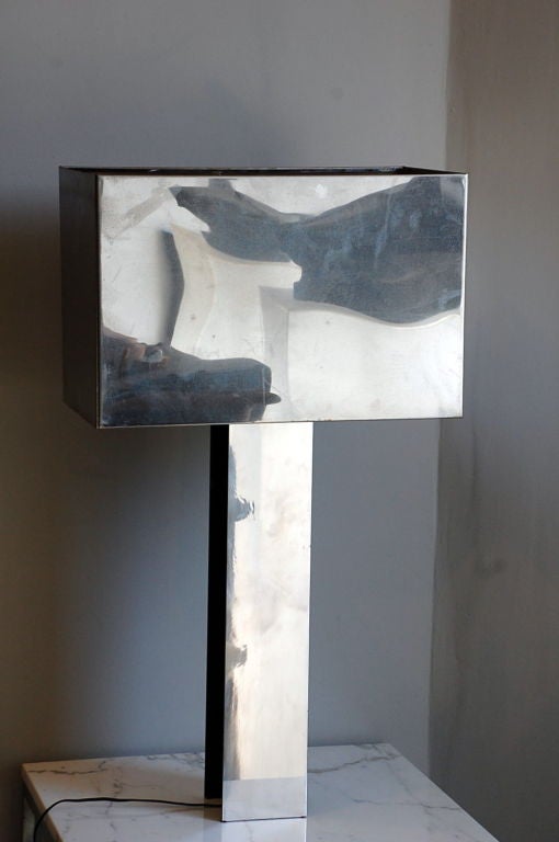 Sculptural 1970s chrome table lamp by Curtis Jere. Signed C. Jere 76 inside the shade.