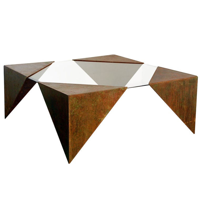 Angular glass and steel plate square coffee table at 1stDibs
