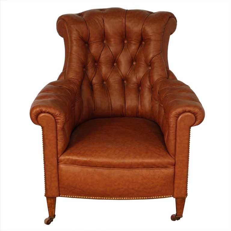 Chic Large Tufted Leather Napoleon III Bergere on Casters
