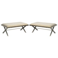 Pair of Minimalistic Polished Chrome Benches with Cream Upholstery  