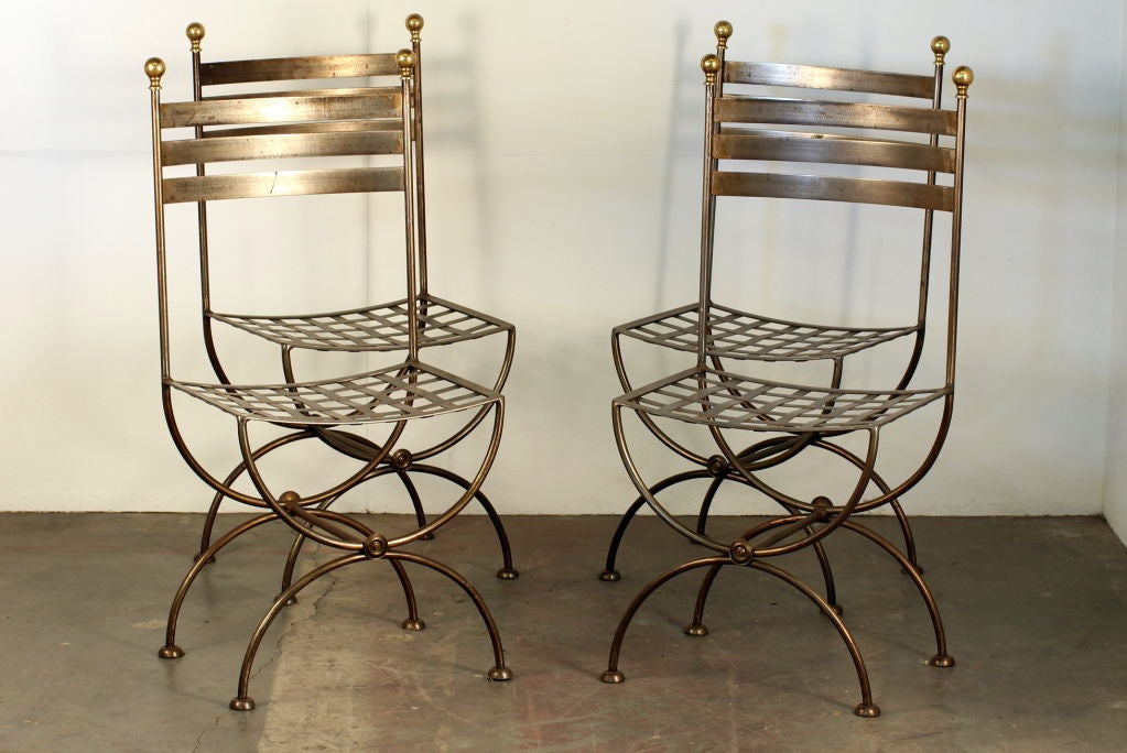 Set of 4 French polished steel and brass chairs In Excellent Condition In Los Angeles, CA