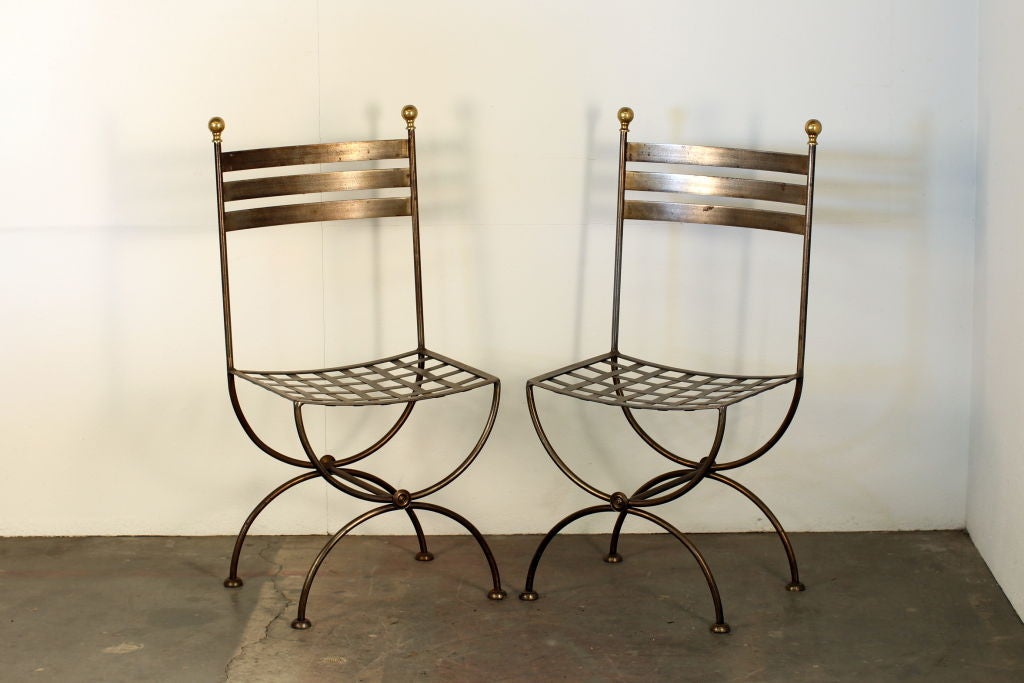 20th Century Set of 4 French polished steel and brass chairs