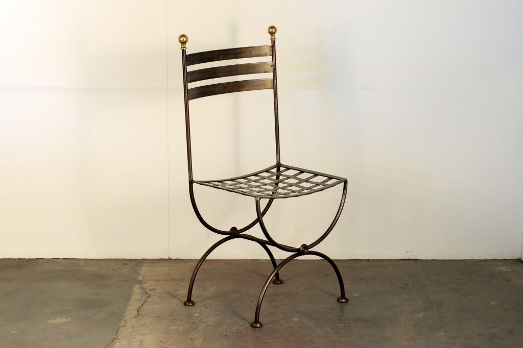 Steel Set of 4 French polished steel and brass chairs