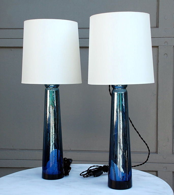 Pair of elegant blue mercury glass table / mantle lamps