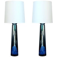 Pair of elegant blue mercury glass table / mantle lamps