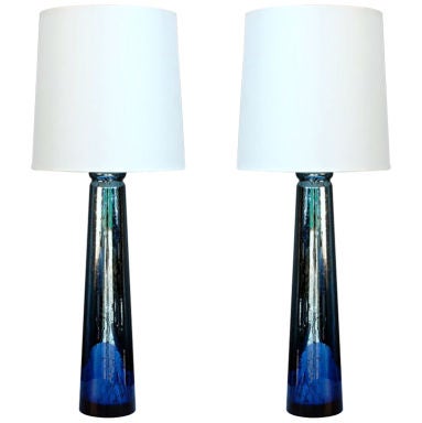 Pair of elegant blue mercury glass table / mantle lamps at 1stDibs