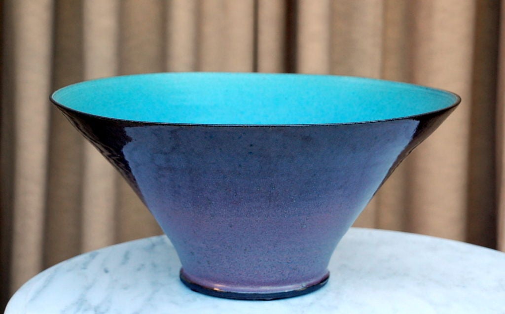 Large Art studio turquoise and purple glazed bowl