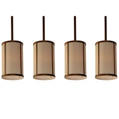 Set of Four 'Cylindre' Patinated Brass & Raffia Pendant Lights by Design Frères 6