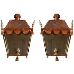 Pair of copper and brass mirrored lantern sconces from Rio de Janeiro