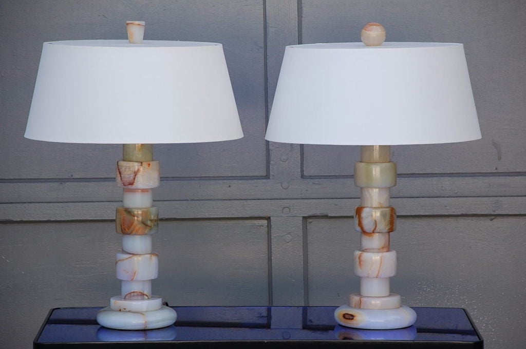 American Pair of Art Deco onyx table lamps with custom shades