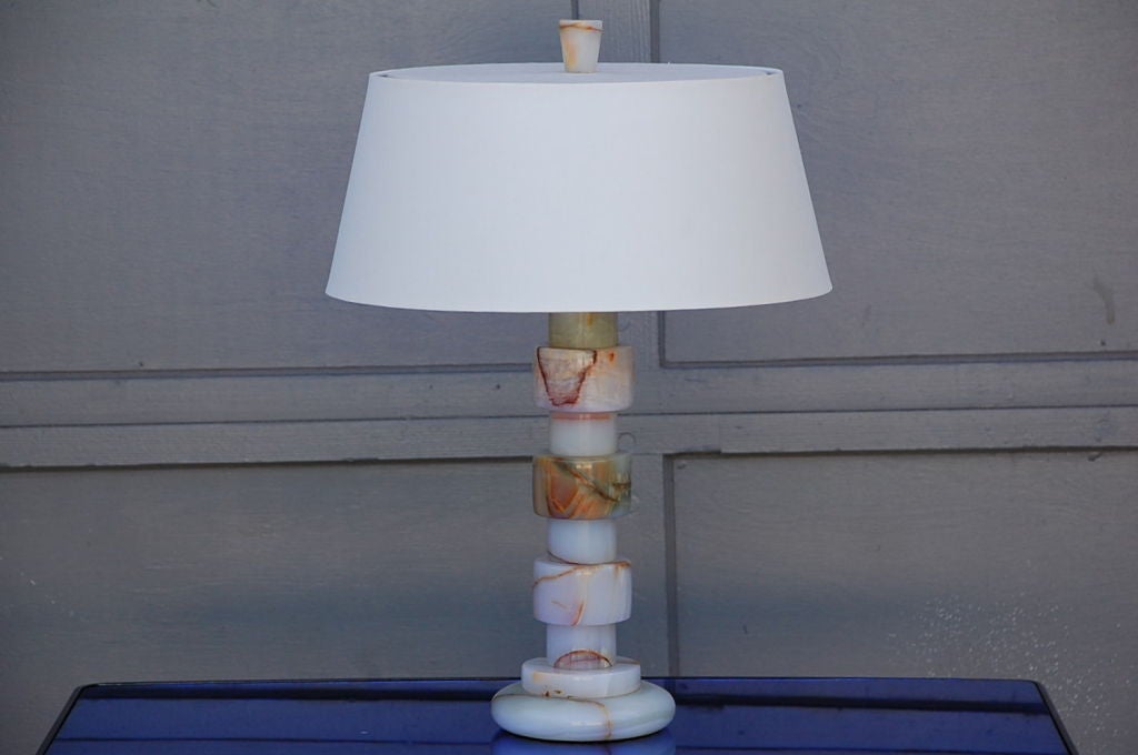 20th Century Pair of Art Deco onyx table lamps with custom shades