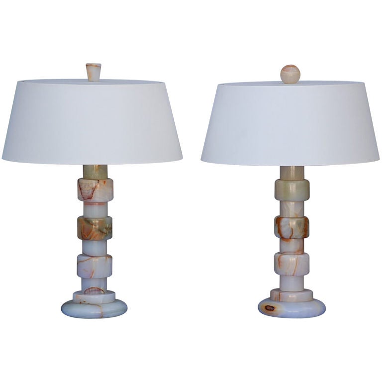 Pair of Art Deco onyx table lamps with custom shades
