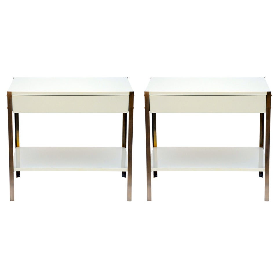 Pair of Minimalist Ivory Lacquer and Brass Nightstands
