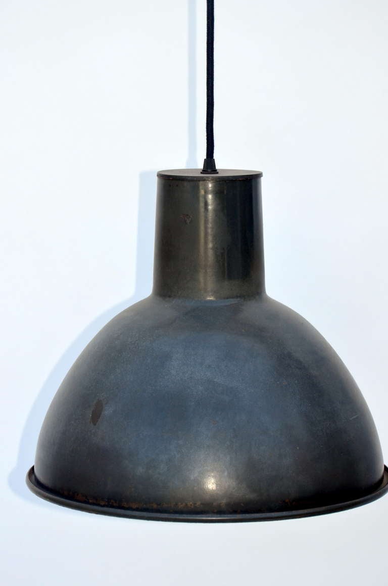 Pair of Enameled French Industrial Hanging Lights.
