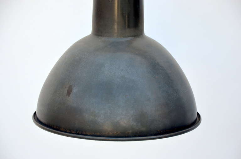 Pair of Enameled French Industrial Hanging Lights In Good Condition In Los Angeles, CA