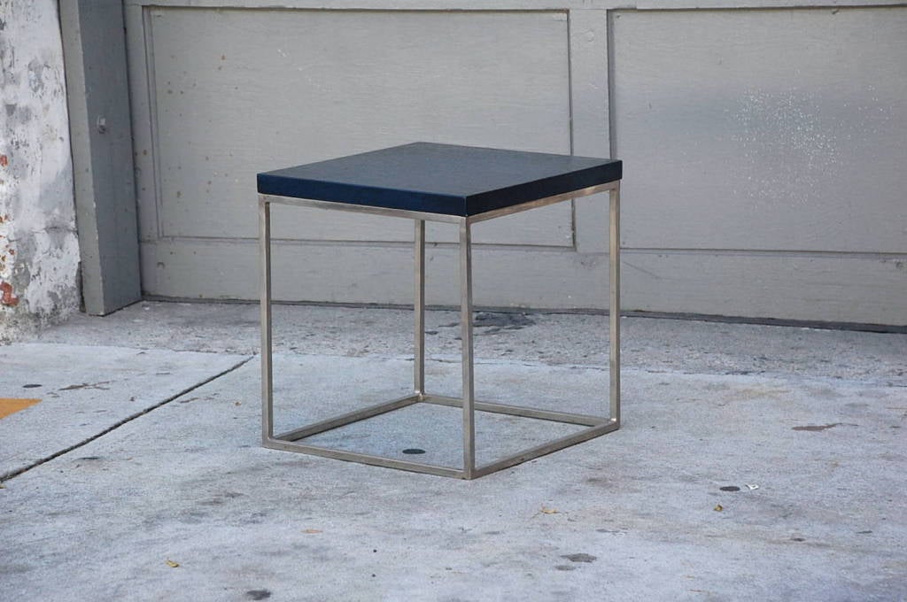 Blue crackled lacquer and stainless steel cube side table