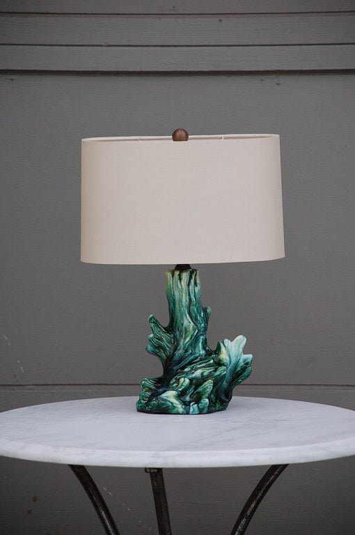 Pair of chic barnacle ceramic lamps with custom oval shades