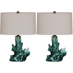 Pair of chic barnacle ceramic lamps with custom oval shades