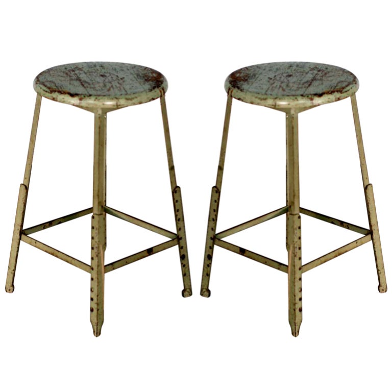 Pair of Industrial Adjustable Bar Stools For Sale at 1stDibs