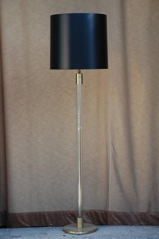 Chic Brass Cylinder Floor Lamp with Custom Black/Gilt Shade 4