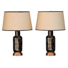 Pair of Chic Unusual Black and Copper Table Lamps
